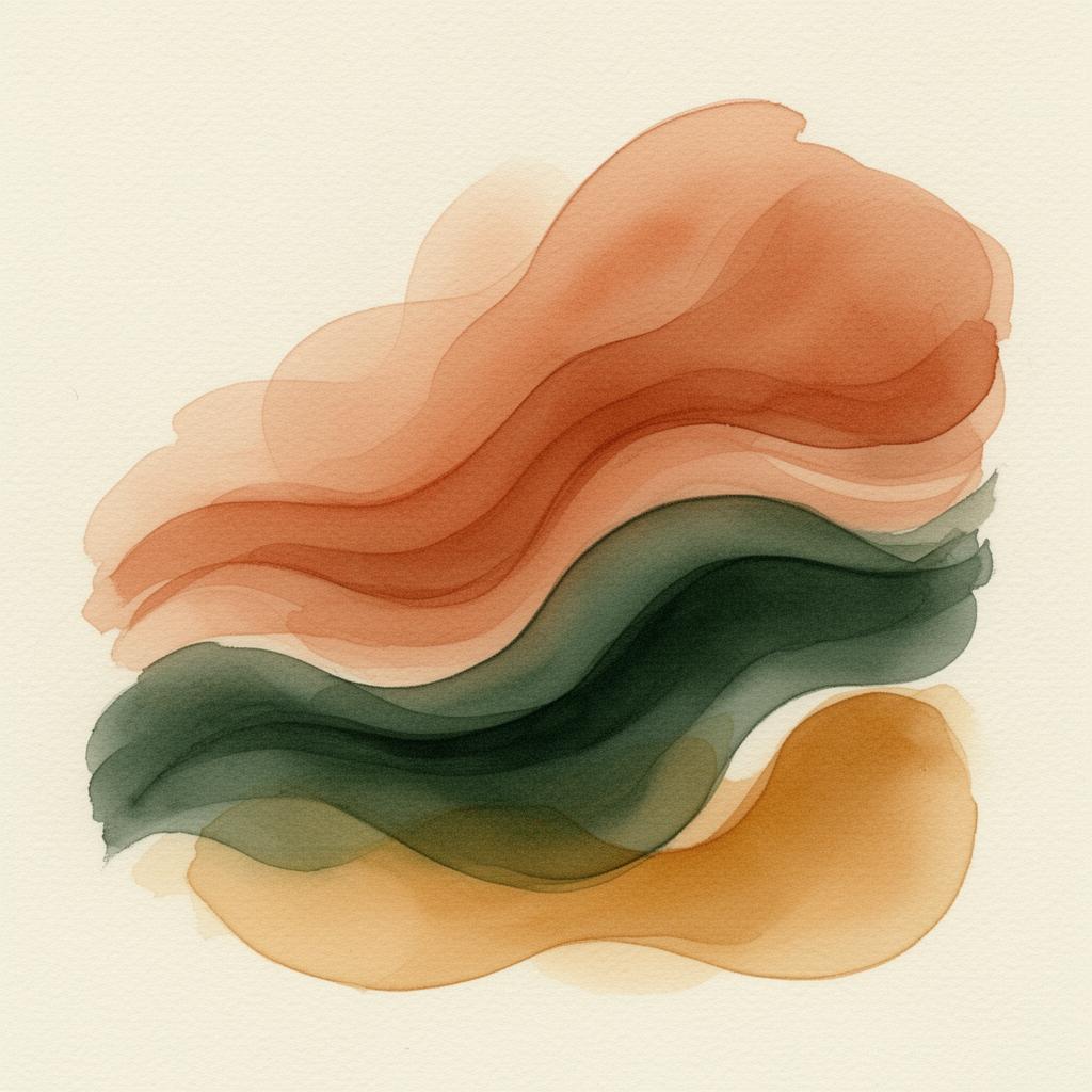 Zachte waterverf in terracotta, groen en oker — beeld van landen in je lijf